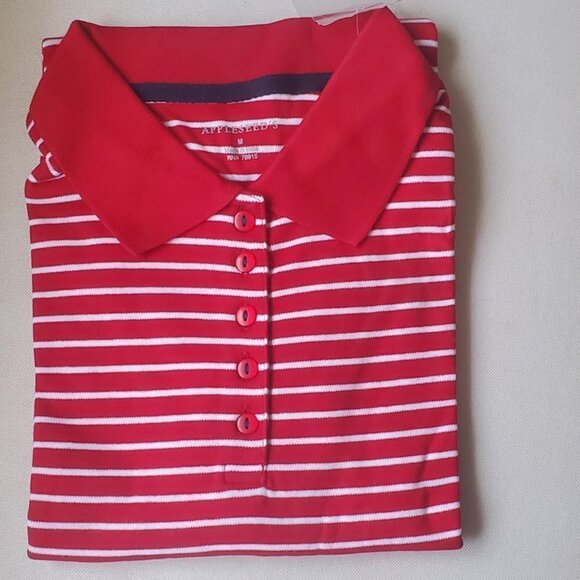 💃 New Women's Red Stripes Appleseed Polo Shirt Size M 🌴 NWT - Picture 4 of 8